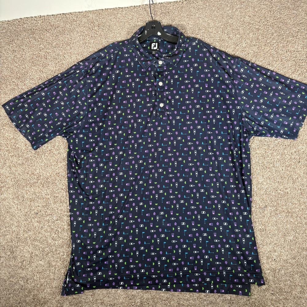 FootJoy Mens Lisle Golf Polo Shirt 2XL Navy Cocktail Golf Flag Print Stretch - Picture 2 of 9